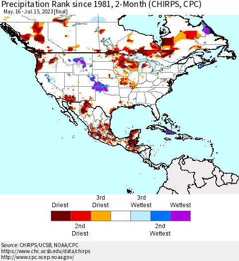 North America Precipitation Rank since 1981, 2-Month (CHIRPS) Thematic Map For 5/16/2023 - 7/15/2023