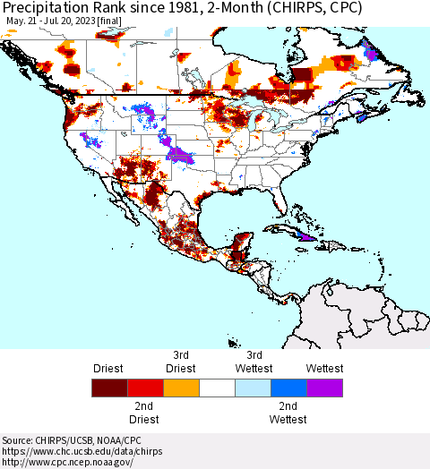 North America Precipitation Rank since 1981, 2-Month (CHIRPS) Thematic Map For 5/21/2023 - 7/20/2023
