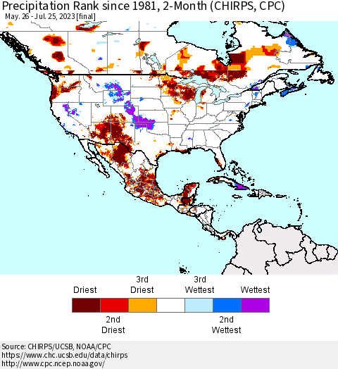 North America Precipitation Rank since 1981, 2-Month (CHIRPS) Thematic Map For 5/26/2023 - 7/25/2023