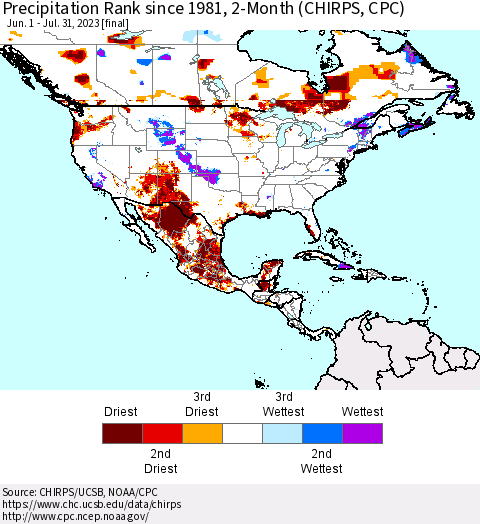 North America Precipitation Rank since 1981, 2-Month (CHIRPS) Thematic Map For 6/1/2023 - 7/31/2023