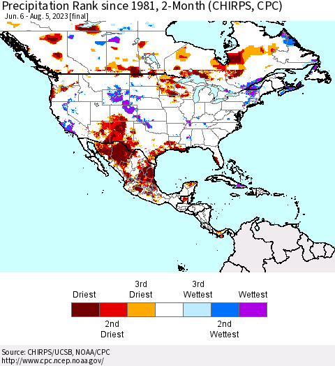 North America Precipitation Rank since 1981, 2-Month (CHIRPS) Thematic Map For 6/6/2023 - 8/5/2023