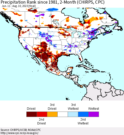 North America Precipitation Rank since 1981, 2-Month (CHIRPS) Thematic Map For 6/11/2023 - 8/10/2023