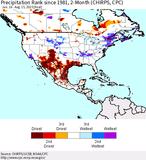 North America Precipitation Rank since 1981, 2-Month (CHIRPS) Thematic Map For 6/16/2023 - 8/15/2023
