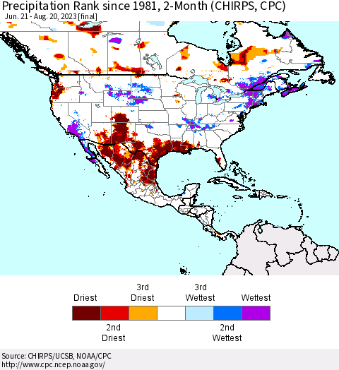 North America Precipitation Rank since 1981, 2-Month (CHIRPS) Thematic Map For 6/21/2023 - 8/20/2023