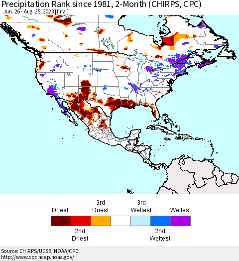 North America Precipitation Rank since 1981, 2-Month (CHIRPS) Thematic Map For 6/26/2023 - 8/25/2023