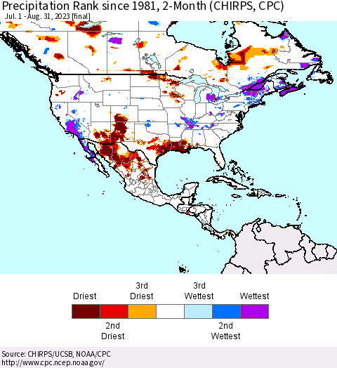 North America Precipitation Rank since 1981, 2-Month (CHIRPS) Thematic Map For 7/1/2023 - 8/31/2023