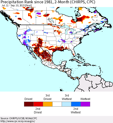 North America Precipitation Rank since 1981, 2-Month (CHIRPS) Thematic Map For 7/11/2023 - 9/10/2023
