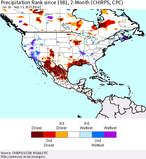 North America Precipitation Rank since 1981, 2-Month (CHIRPS) Thematic Map For 7/16/2023 - 9/15/2023