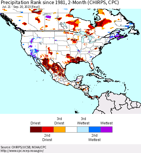North America Precipitation Rank since 1981, 2-Month (CHIRPS) Thematic Map For 7/21/2023 - 9/20/2023