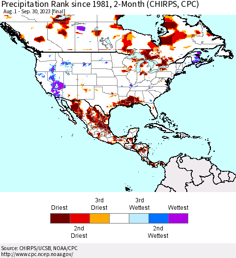 North America Precipitation Rank since 1981, 2-Month (CHIRPS) Thematic Map For 8/1/2023 - 9/30/2023