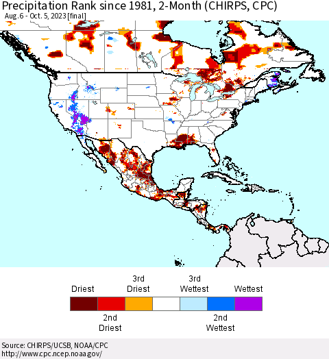 North America Precipitation Rank since 1981, 2-Month (CHIRPS) Thematic Map For 8/6/2023 - 10/5/2023