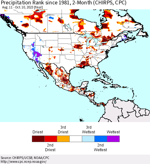 North America Precipitation Rank since 1981, 2-Month (CHIRPS) Thematic Map For 8/11/2023 - 10/10/2023