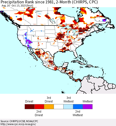 North America Precipitation Rank since 1981, 2-Month (CHIRPS) Thematic Map For 8/16/2023 - 10/15/2023