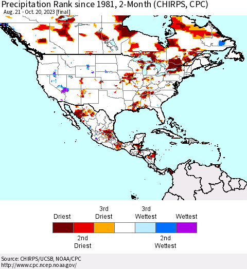 North America Precipitation Rank since 1981, 2-Month (CHIRPS) Thematic Map For 8/21/2023 - 10/20/2023