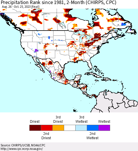 North America Precipitation Rank since 1981, 2-Month (CHIRPS) Thematic Map For 8/26/2023 - 10/25/2023