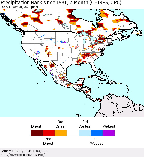 North America Precipitation Rank since 1981, 2-Month (CHIRPS) Thematic Map For 9/1/2023 - 10/31/2023