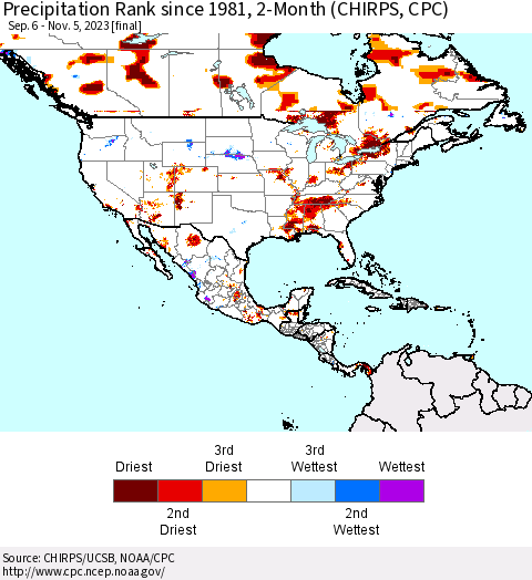 North America Precipitation Rank since 1981, 2-Month (CHIRPS) Thematic Map For 9/6/2023 - 11/5/2023
