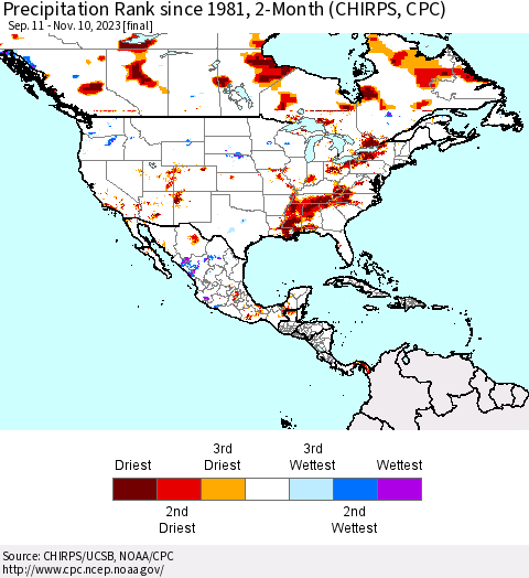 North America Precipitation Rank since 1981, 2-Month (CHIRPS) Thematic Map For 9/11/2023 - 11/10/2023