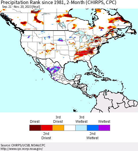 North America Precipitation Rank since 1981, 2-Month (CHIRPS) Thematic Map For 9/21/2023 - 11/20/2023