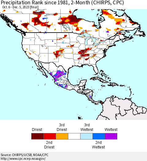 North America Precipitation Rank since 1981, 2-Month (CHIRPS) Thematic Map For 10/6/2023 - 12/5/2023