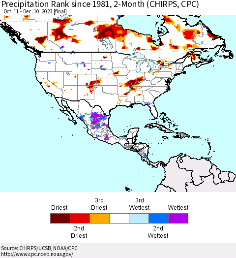 North America Precipitation Rank since 1981, 2-Month (CHIRPS) Thematic Map For 10/11/2023 - 12/10/2023