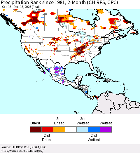 North America Precipitation Rank since 1981, 2-Month (CHIRPS) Thematic Map For 10/16/2023 - 12/15/2023