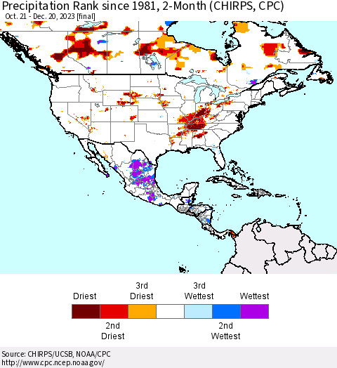 North America Precipitation Rank since 1981, 2-Month (CHIRPS) Thematic Map For 10/21/2023 - 12/20/2023