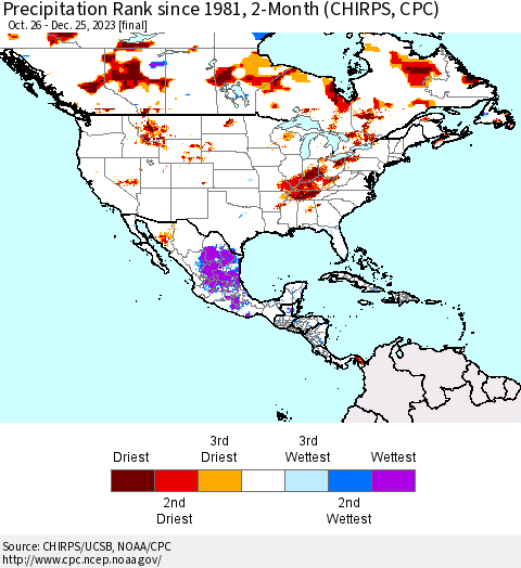 North America Precipitation Rank since 1981, 2-Month (CHIRPS) Thematic Map For 10/26/2023 - 12/25/2023