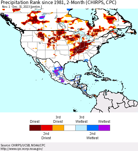 North America Precipitation Rank since 1981, 2-Month (CHIRPS) Thematic Map For 11/1/2023 - 12/31/2023