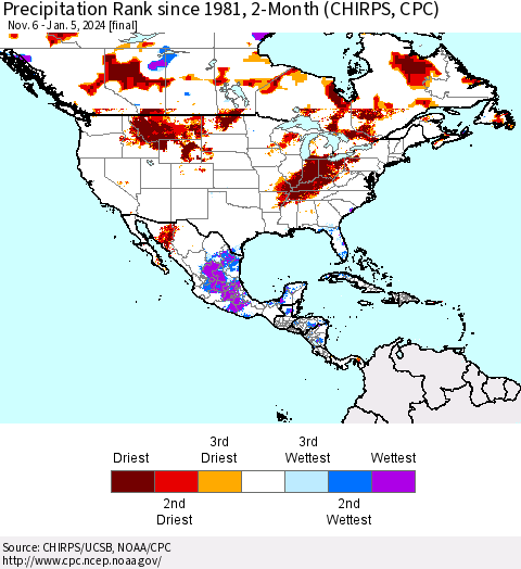 North America Precipitation Rank since 1981, 2-Month (CHIRPS) Thematic Map For 11/6/2023 - 1/5/2024