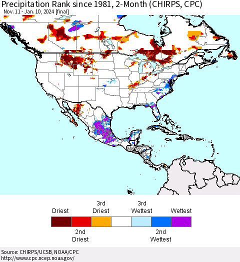 North America Precipitation Rank since 1981, 2-Month (CHIRPS) Thematic Map For 11/11/2023 - 1/10/2024