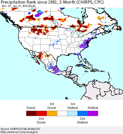 North America Precipitation Rank since 1981, 2-Month (CHIRPS) Thematic Map For 11/16/2023 - 1/15/2024