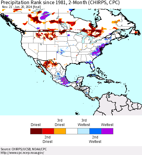 North America Precipitation Rank since 1981, 2-Month (CHIRPS) Thematic Map For 11/21/2023 - 1/20/2024