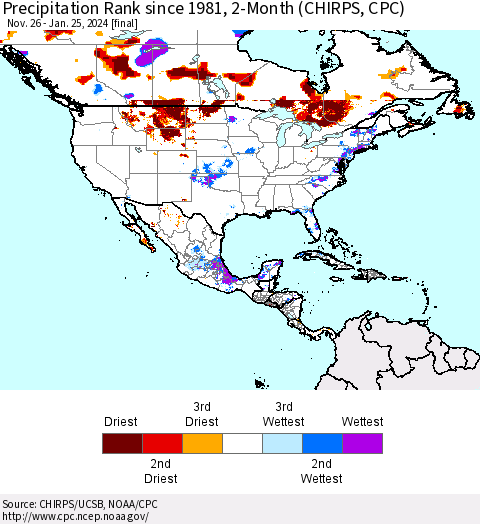 North America Precipitation Rank since 1981, 2-Month (CHIRPS) Thematic Map For 11/26/2023 - 1/25/2024