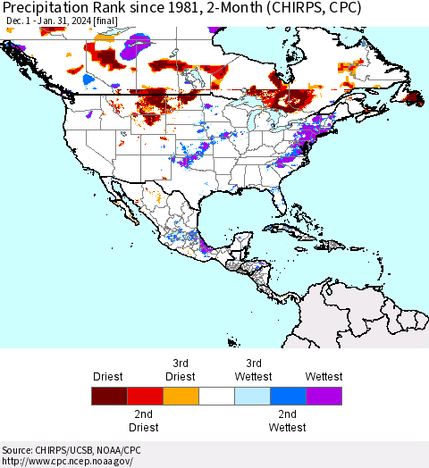 North America Precipitation Rank since 1981, 2-Month (CHIRPS) Thematic Map For 12/1/2023 - 1/31/2024
