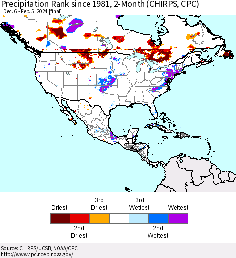 North America Precipitation Rank since 1981, 2-Month (CHIRPS) Thematic Map For 12/6/2023 - 2/5/2024