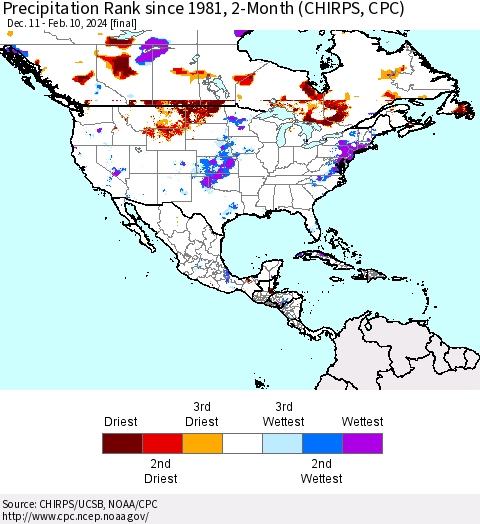 North America Precipitation Rank since 1981, 2-Month (CHIRPS) Thematic Map For 12/11/2023 - 2/10/2024