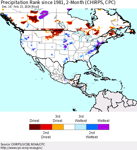 North America Precipitation Rank since 1981, 2-Month (CHIRPS) Thematic Map For 12/16/2023 - 2/15/2024