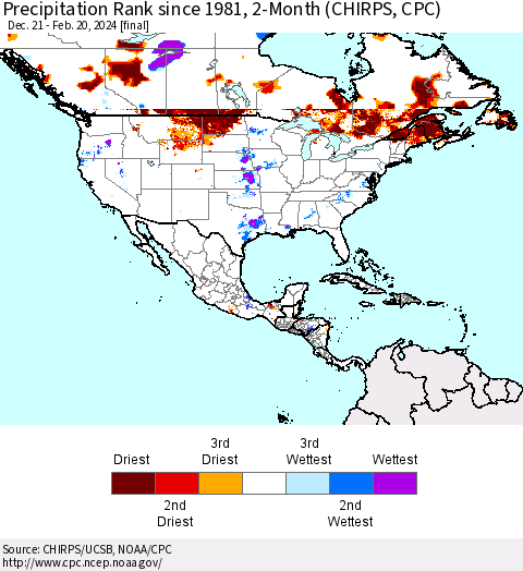 North America Precipitation Rank since 1981, 2-Month (CHIRPS) Thematic Map For 12/21/2023 - 2/20/2024