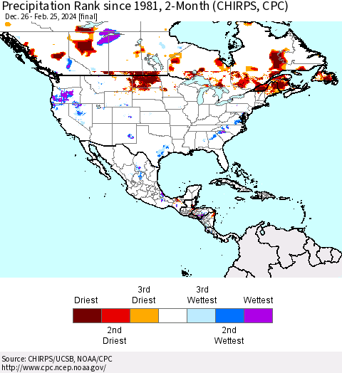 North America Precipitation Rank since 1981, 2-Month (CHIRPS) Thematic Map For 12/26/2023 - 2/25/2024