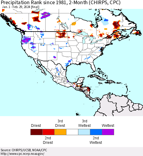 North America Precipitation Rank since 1981, 2-Month (CHIRPS) Thematic Map For 1/1/2024 - 2/29/2024