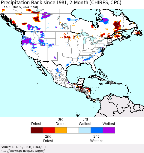 North America Precipitation Rank since 1981, 2-Month (CHIRPS) Thematic Map For 1/6/2024 - 3/5/2024