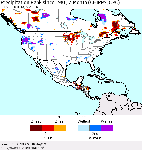 North America Precipitation Rank since 1981, 2-Month (CHIRPS) Thematic Map For 1/11/2024 - 3/10/2024
