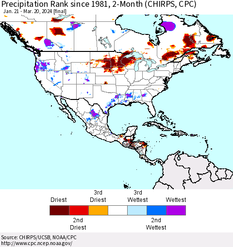 North America Precipitation Rank since 1981, 2-Month (CHIRPS) Thematic Map For 1/21/2024 - 3/20/2024