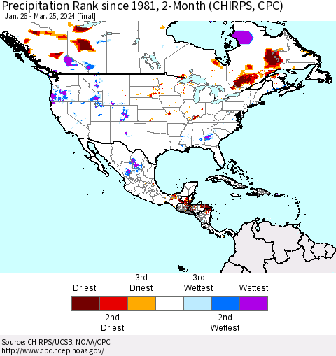 North America Precipitation Rank since 1981, 2-Month (CHIRPS) Thematic Map For 1/26/2024 - 3/25/2024