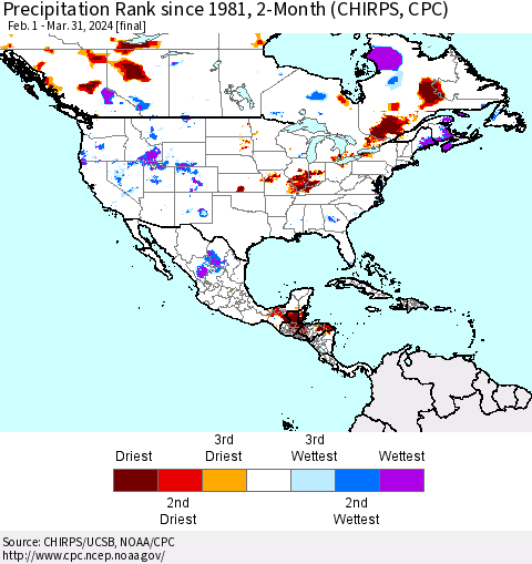 North America Precipitation Rank since 1981, 2-Month (CHIRPS) Thematic Map For 2/1/2024 - 3/31/2024
