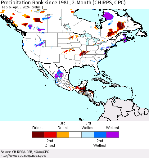 North America Precipitation Rank since 1981, 2-Month (CHIRPS) Thematic Map For 2/6/2024 - 4/5/2024