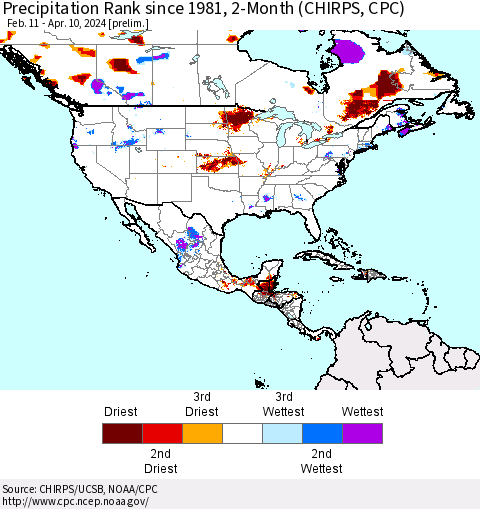 North America Precipitation Rank since 1981, 2-Month (CHIRPS) Thematic Map For 2/11/2024 - 4/10/2024