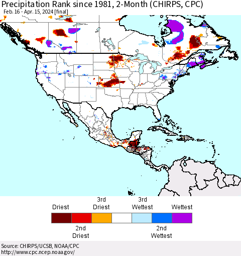 North America Precipitation Rank since 1981, 2-Month (CHIRPS) Thematic Map For 2/16/2024 - 4/15/2024