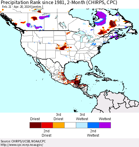 North America Precipitation Rank since 1981, 2-Month (CHIRPS) Thematic Map For 2/21/2024 - 4/20/2024